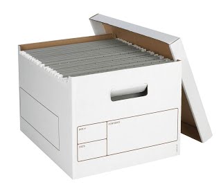 A standard bankers box holds about 30 lbs of paper.